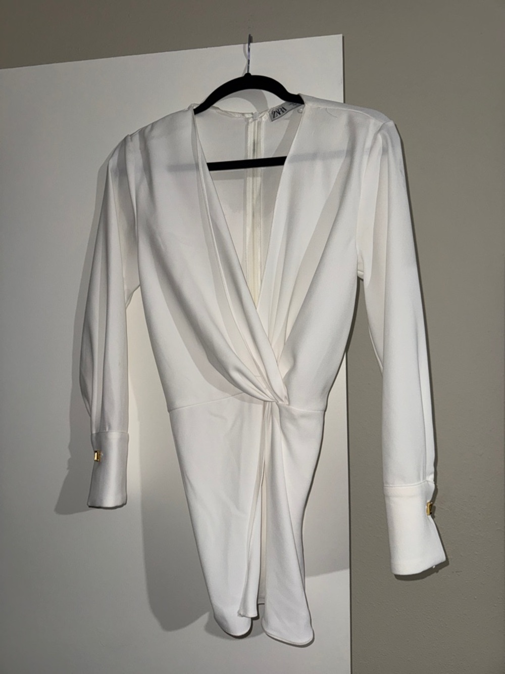 Zara White Draped Long-Sleeve Twist Front Blouse